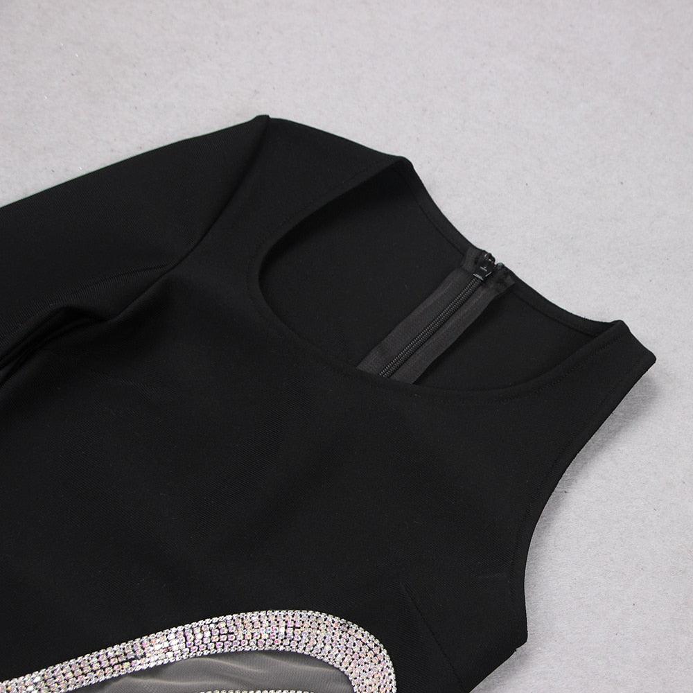 Black One Shoulder One Sleeve Rhinestone Cutout Asymmetric Bodycon Mini Dress