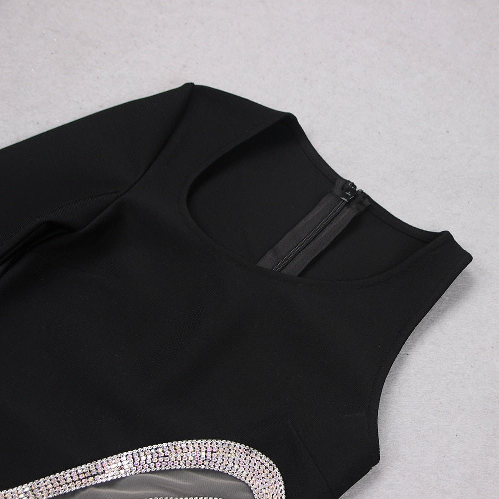 Black One Shoulder Rhinestone Chain Cutout High Slit Bodycon Mini Dress