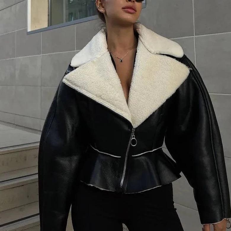 Shearling Lapel Zip Front Peplum Faux Leather Jacket