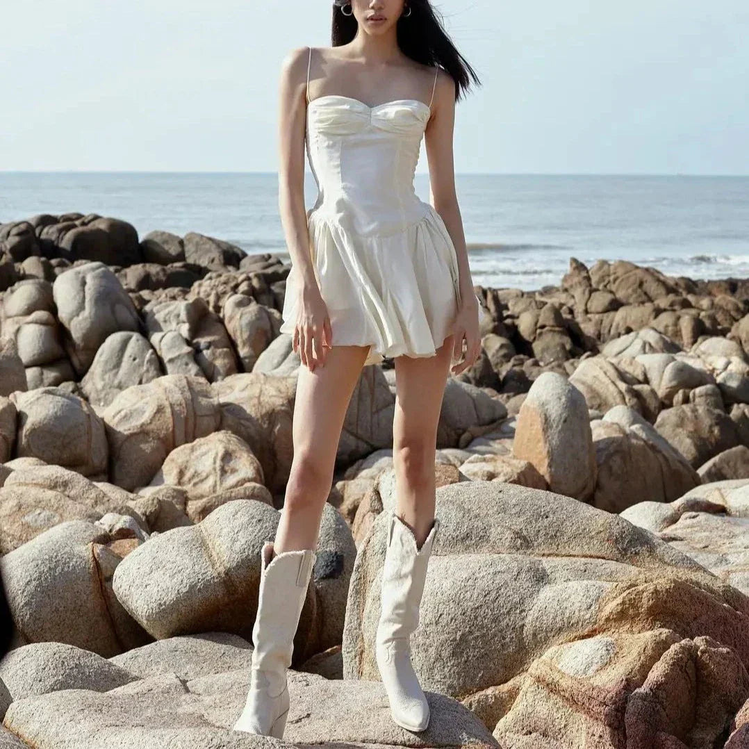Ivory Spaghetti Strap Sweetheart Ruched Bubble Hem A-Line Mini Dress 7