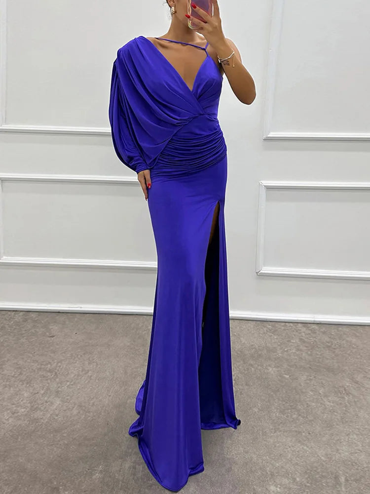 One-Shoulder Draped Sleeve Ruched Satin High Slit Mermaid Gown