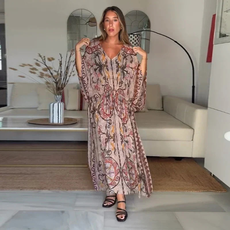 Print V-Neck Batwing Sleeve Bohemian Print Drawstring Kaftan Maxi Dress 7