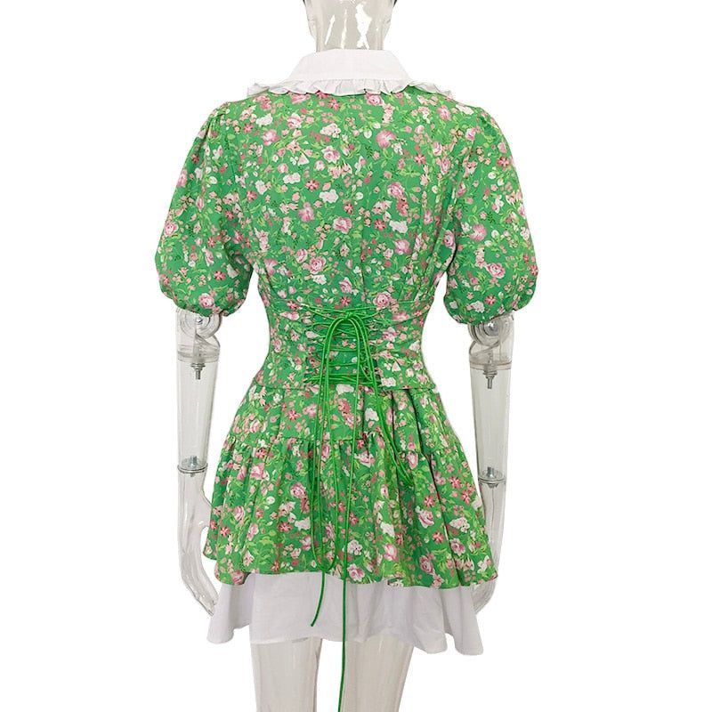 Green Ruffle Collar Puff Sleeve Floral Button Front Tiered Mini Dress