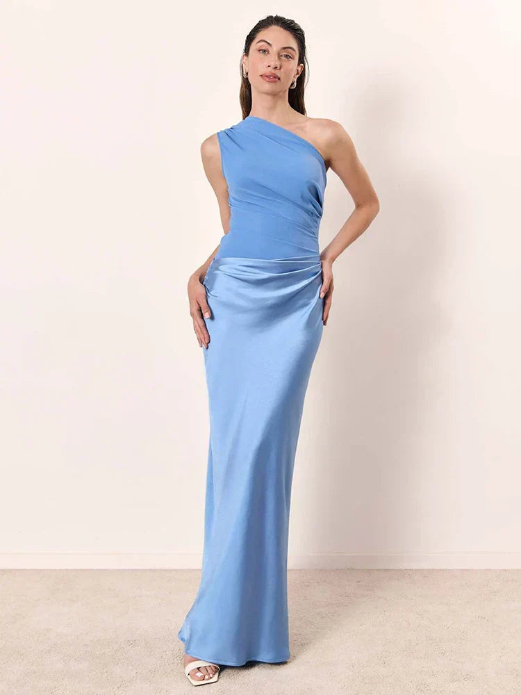 One-Shoulder Ruched Satin Mermaid Maxi Gown 5