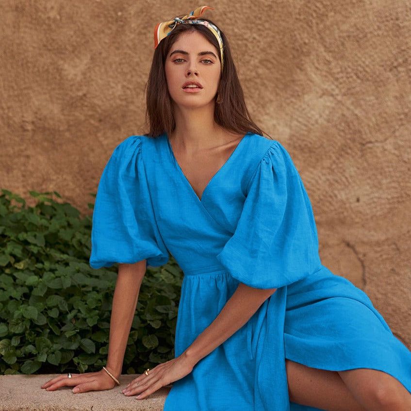 V-Neck Wrap Puff Sleeve Linen Midi Dress