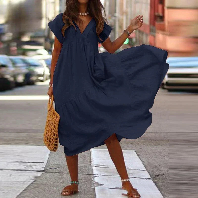 Cotton Linen Oversize Loose Vneck Boho Dress