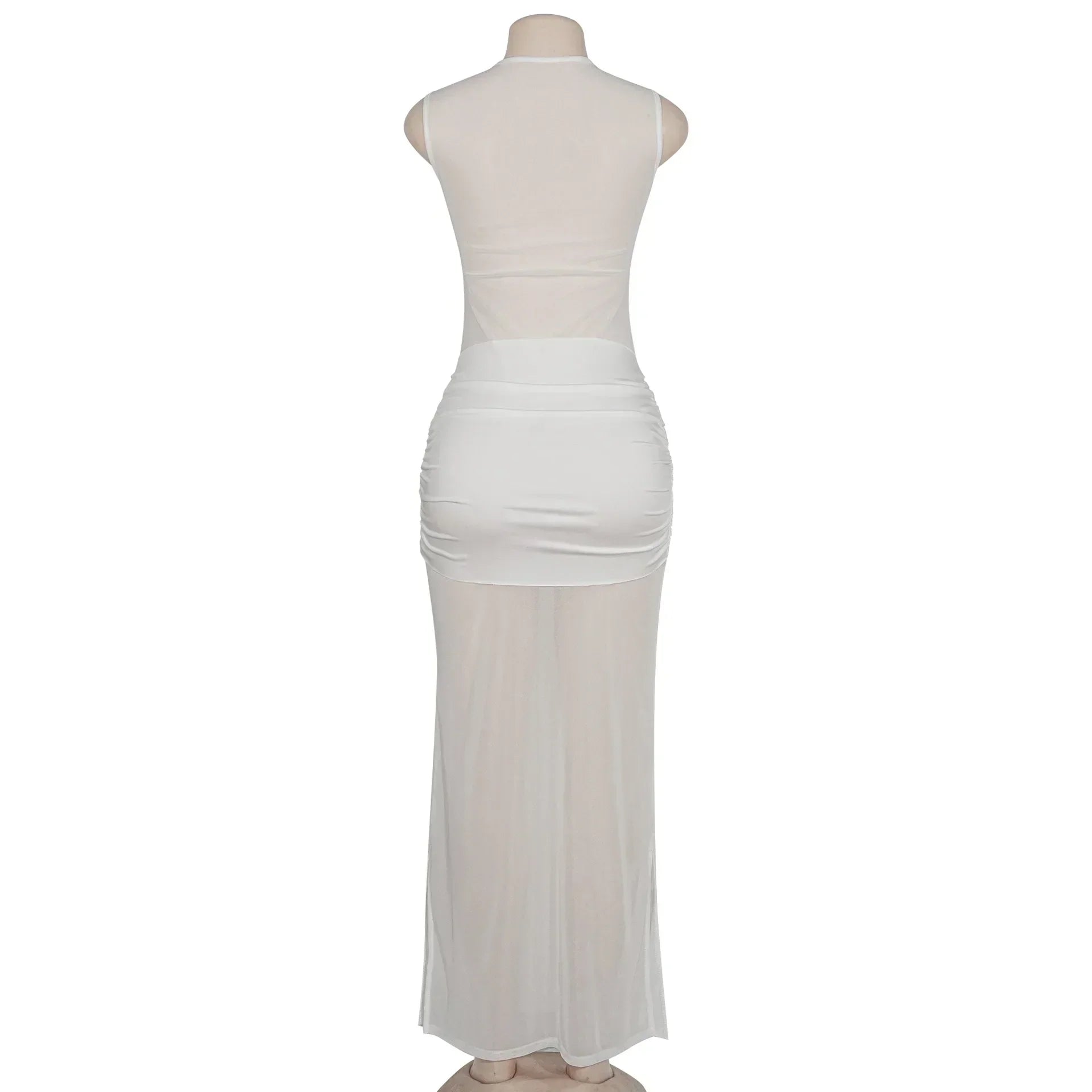 White See - Through Pleated Mesh Long Dress
