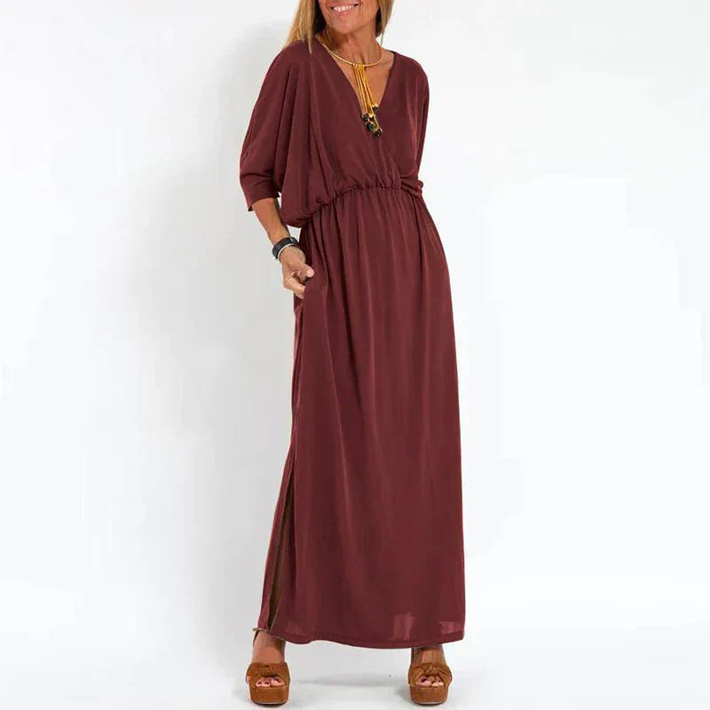 Guadalupe Exclusive Long Vintage Dress with Side Slit and High Waist Hen Chic Silhouette Collection