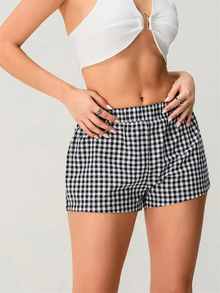 Plaid Elastic Waist Loose Short