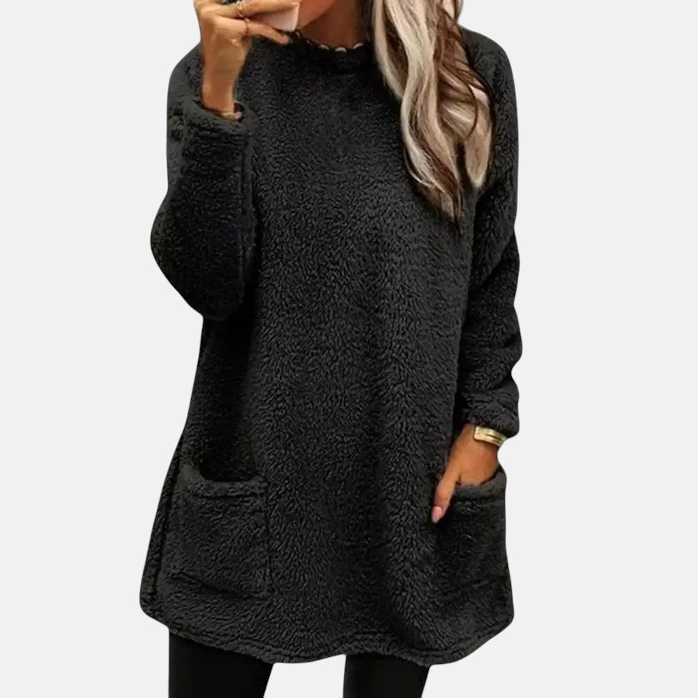 Round Neck Fuzzy Fleece Long Sleeve Pocket Tunic Sweater