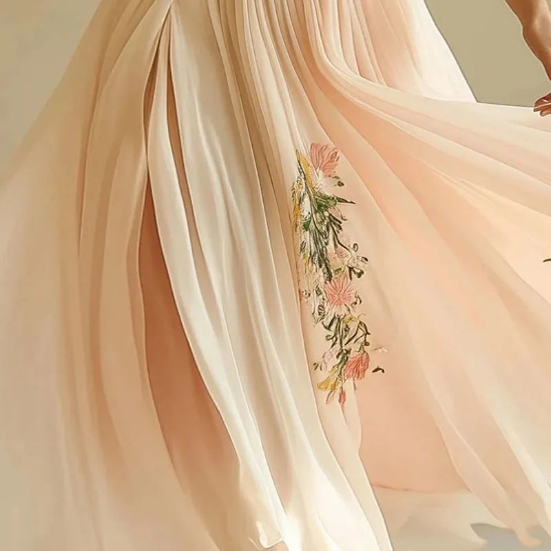 Pink V-Neck Flutter Sleeve Floral Embroidered Chiffon Flowy Maxi Gown