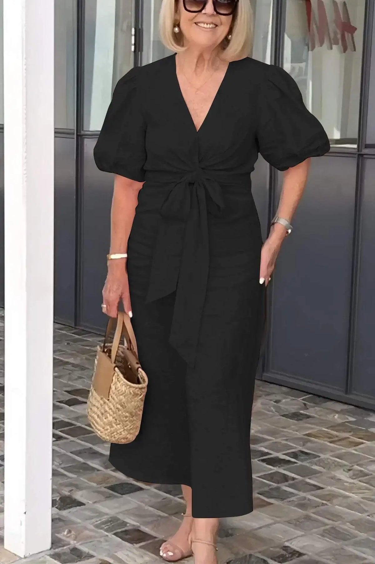 V-Neck Puff Sleeve Tie Front Linen Maxi Dress