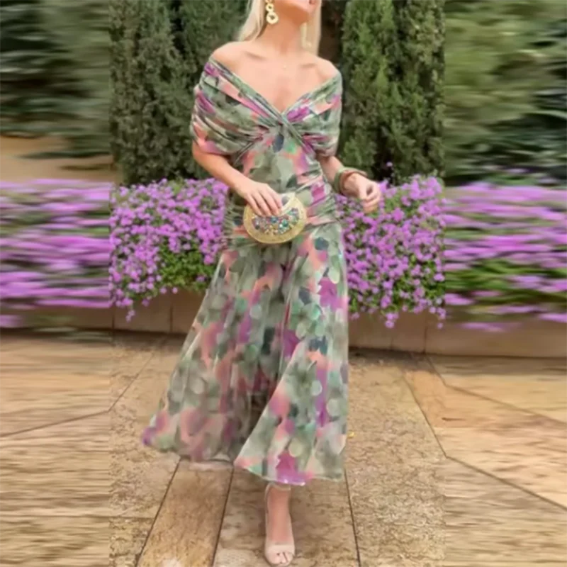 Pleated Bat Sleeve ALine Floral Dress