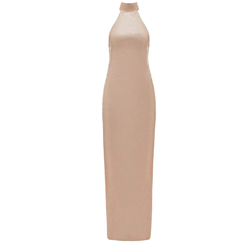 High neck bead wrapped hip skirt slit sequin dress