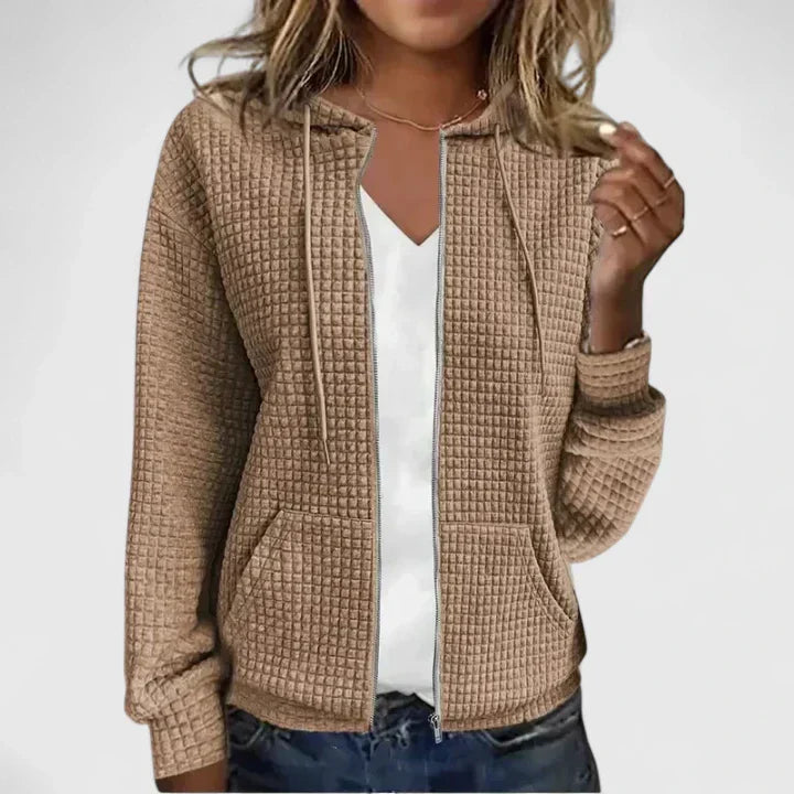 Hooded Waffle Knit Zip Front Drawstring Long Sleeve Hoodie Jacket