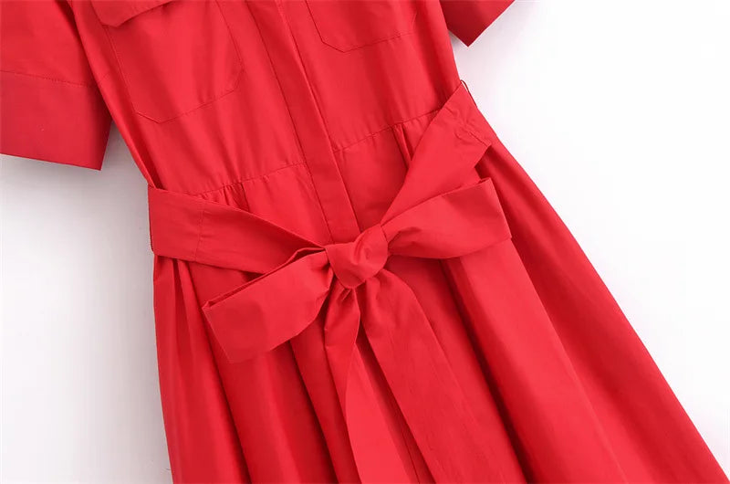 Collar Short Sleeve Chest Pocket Belted A-Line Shirt Dress 11
