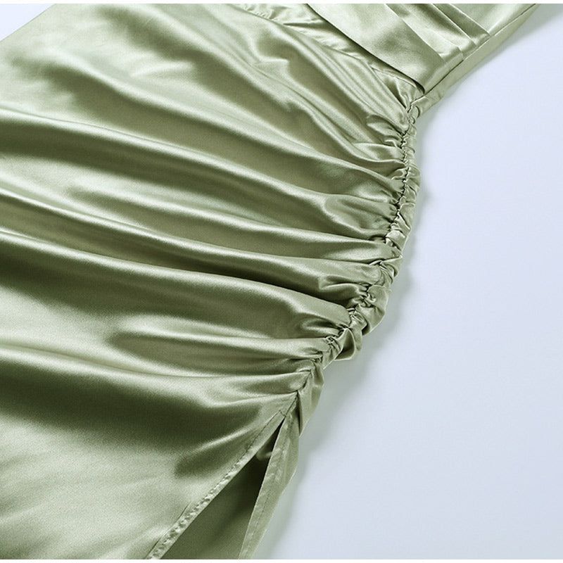 V-Neck Spaghetti Strap Ruched Satin High Slit Midi Dress