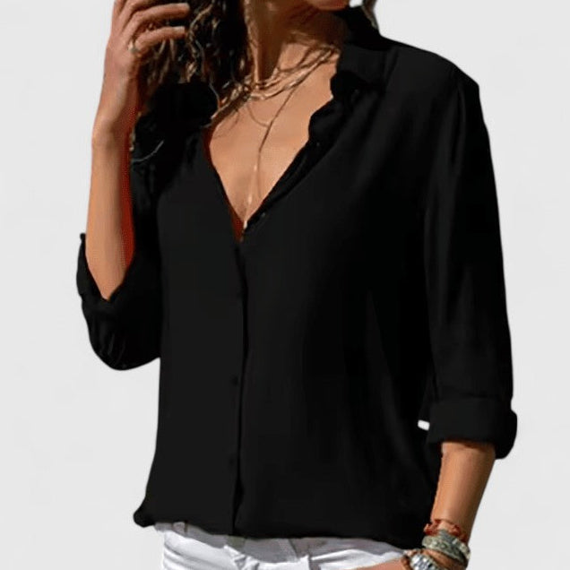Collared Button-Front Long Sleeve Chiffon Blouse 6