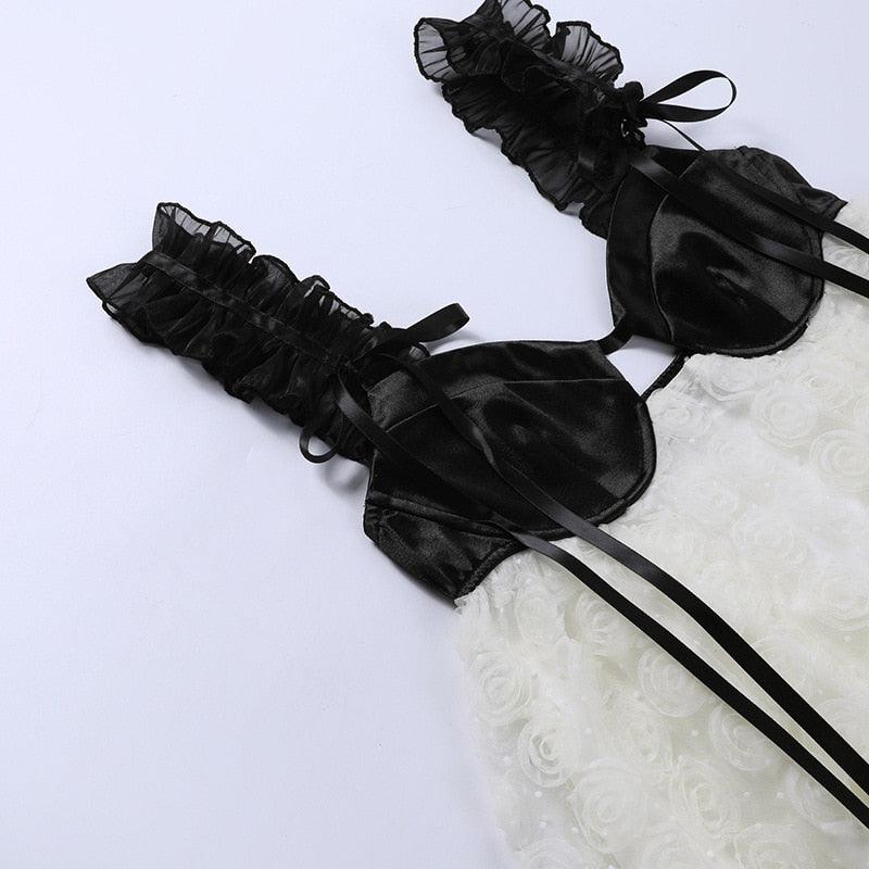 White Ruffle Strap Bustier Contrast Textured Organza Babydoll Mini Dress 12