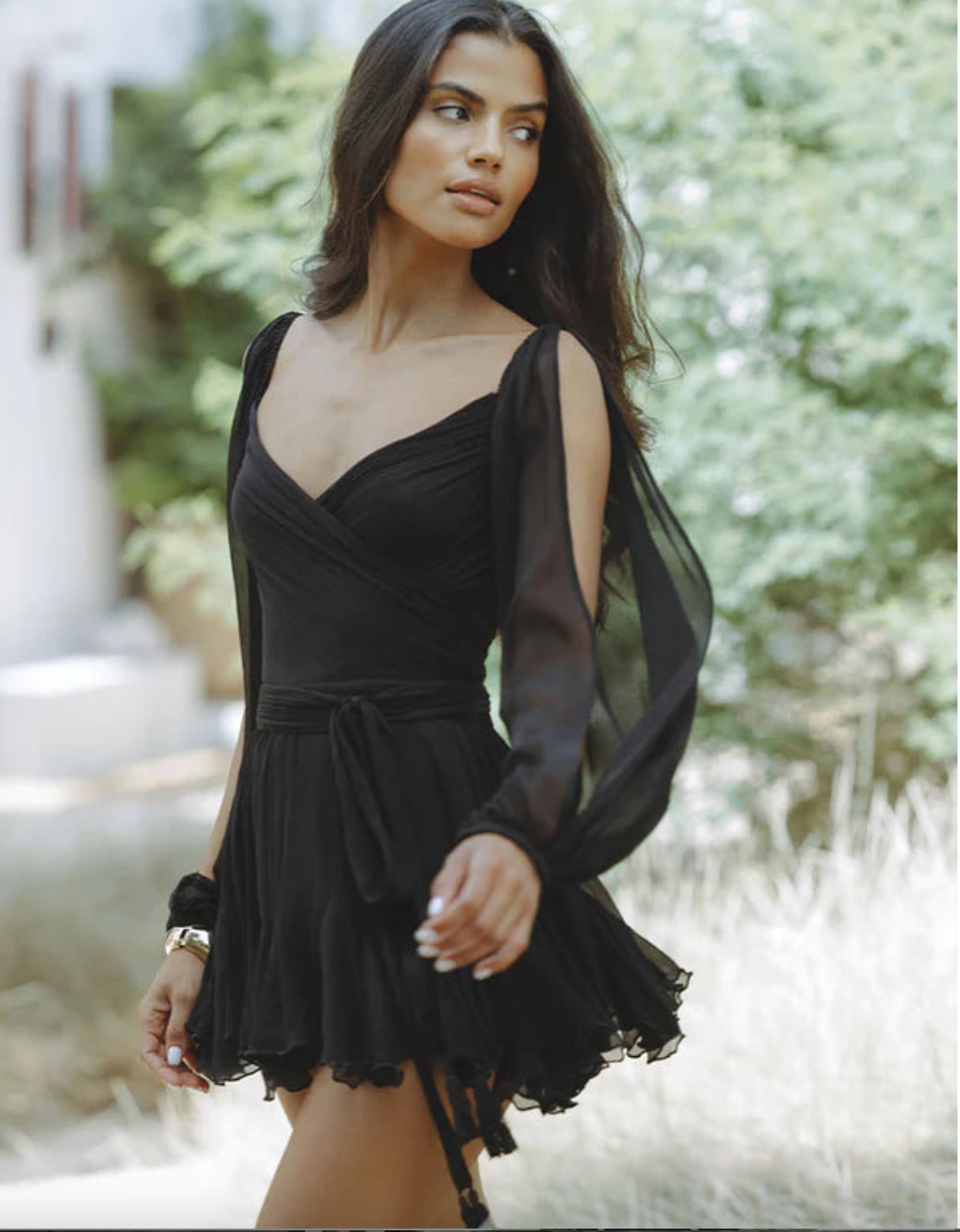 Madison Statement Dress with Flowing Sleeves and V Neck Evening Wear Edit