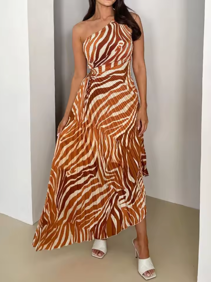 One-Shoulder Floral Print Pleated Twist Front A-Line Maxi Dress