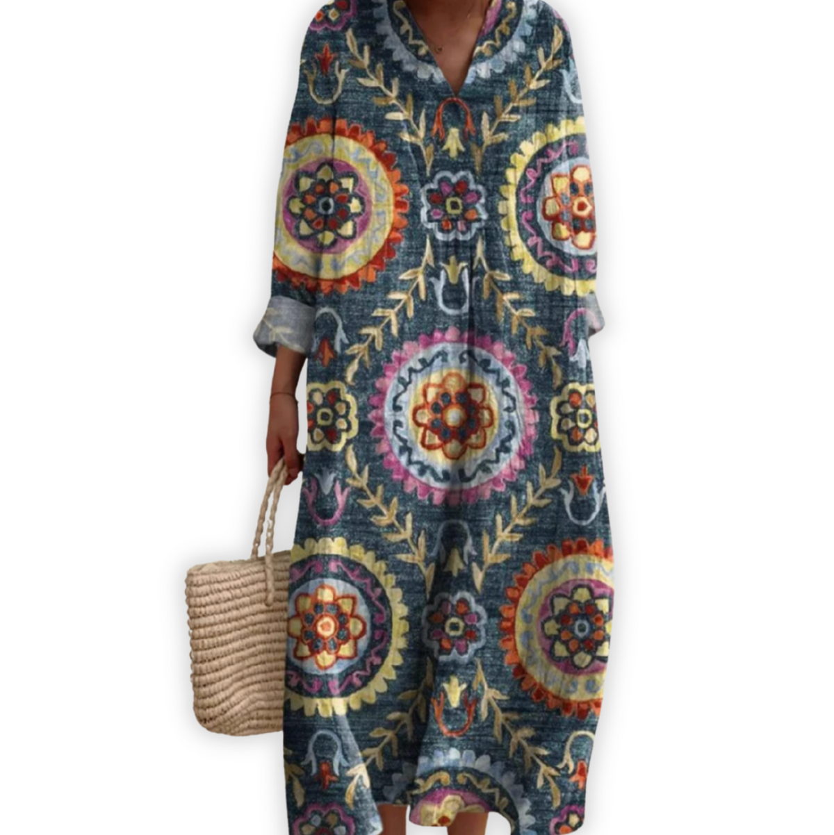 Notch Neck Boho Medallion Print Long Sleeve Loose Maxi Dress