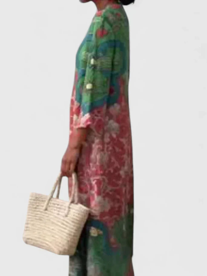 V-Neck Long Sleeve Baroque Floral Pocket Loose Maxi Dress 4