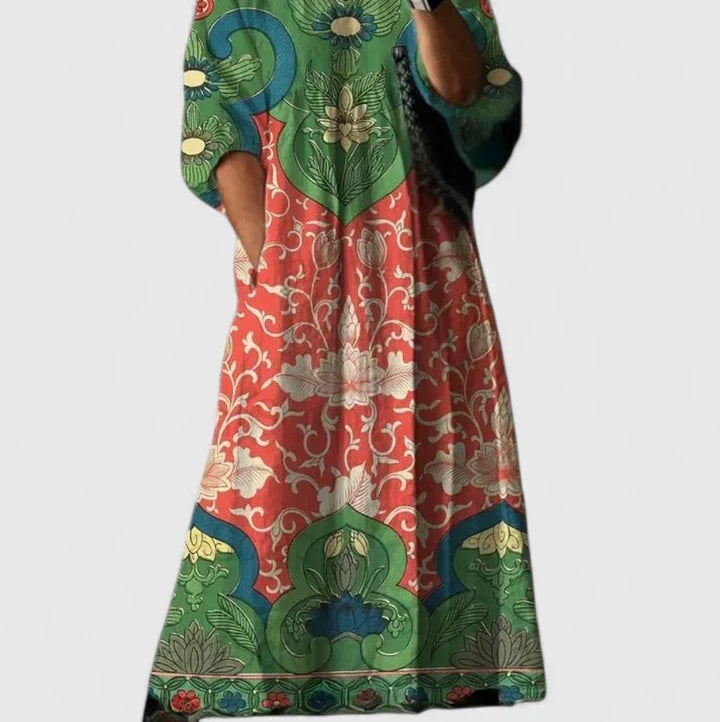 V-Neck Long Sleeve Baroque Floral Pocket Loose Maxi Dress 3