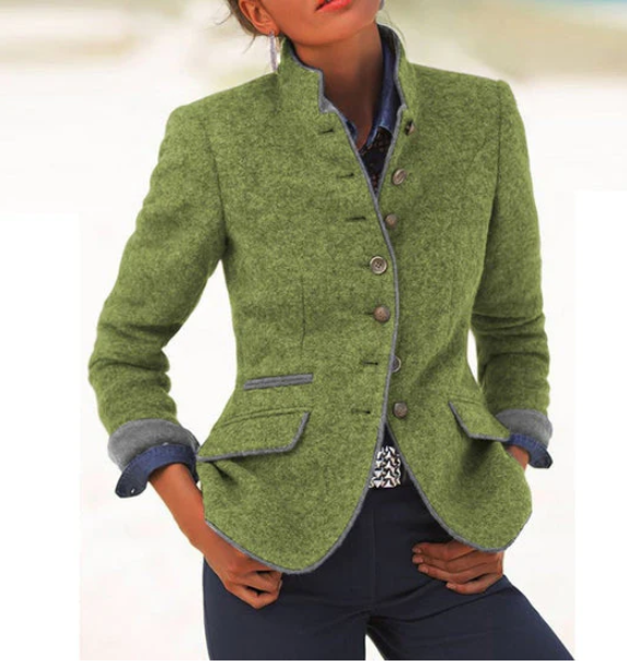 Stand Collar Button Front Tweed Fitted Jacket 5