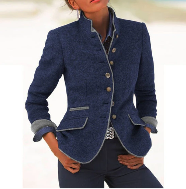 Stand Collar Button Front Tweed Fitted Jacket 6