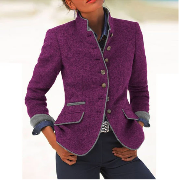 Stand Collar Button Front Tweed Fitted Jacket 7