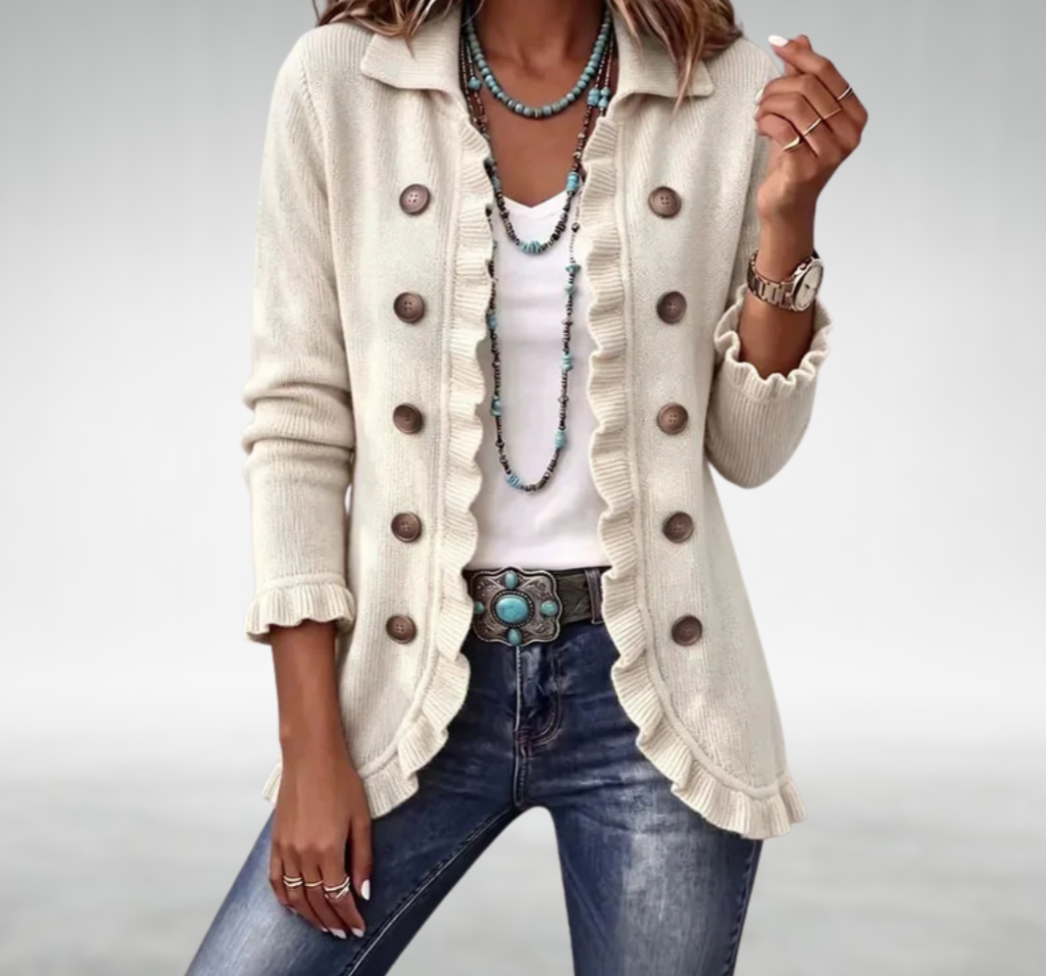 Collared Ruffle Trim Button-Front Knit Cardigan