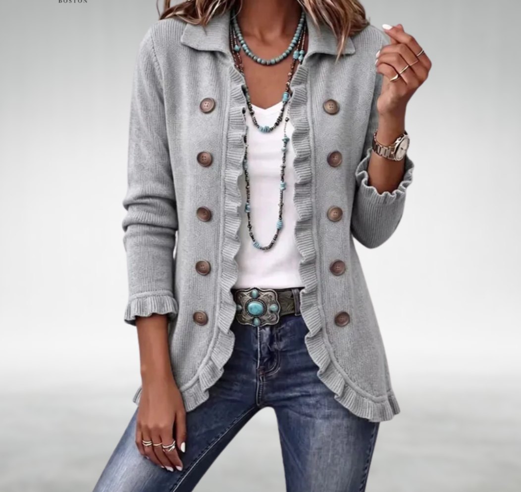 Collared Ruffle Trim Button-Front Knit Cardigan 3