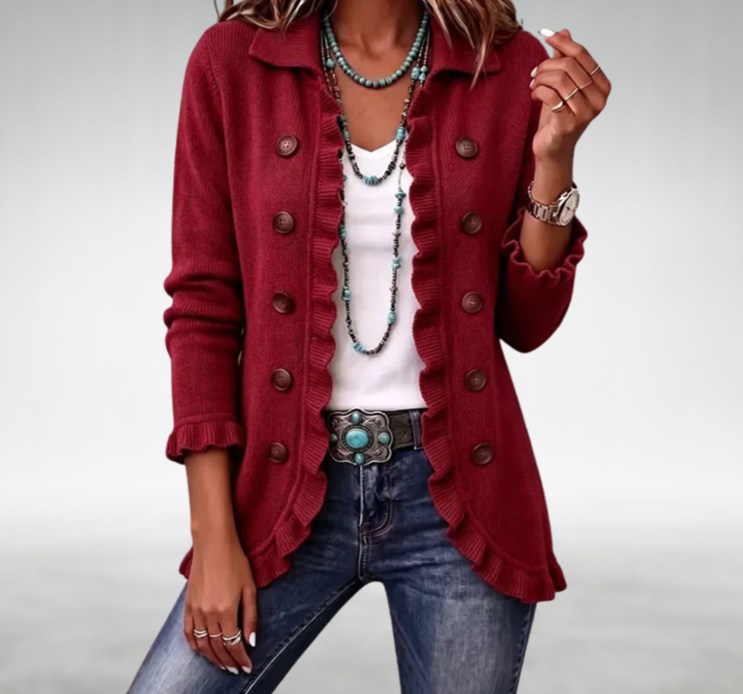 Collared Ruffle Trim Button-Front Knit Cardigan 6