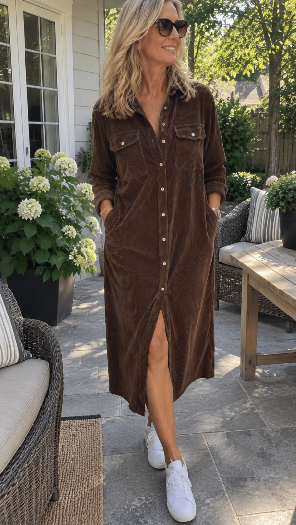 Collared Corduroy Long Sleeve Button Front Slit Shirt Midi Dress 2