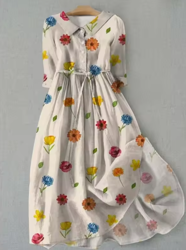 Multi Collared Half Sleeve Button Up Scattered Floral Drawstring Midi Dress