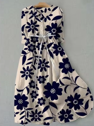 Multi Collared Half Sleeve Button Up Floral Drawstring A-Line Midi Dress