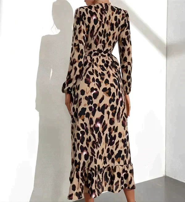 Zaida Premium Leopard Print V Neck Dress Elevated Occasion Wear