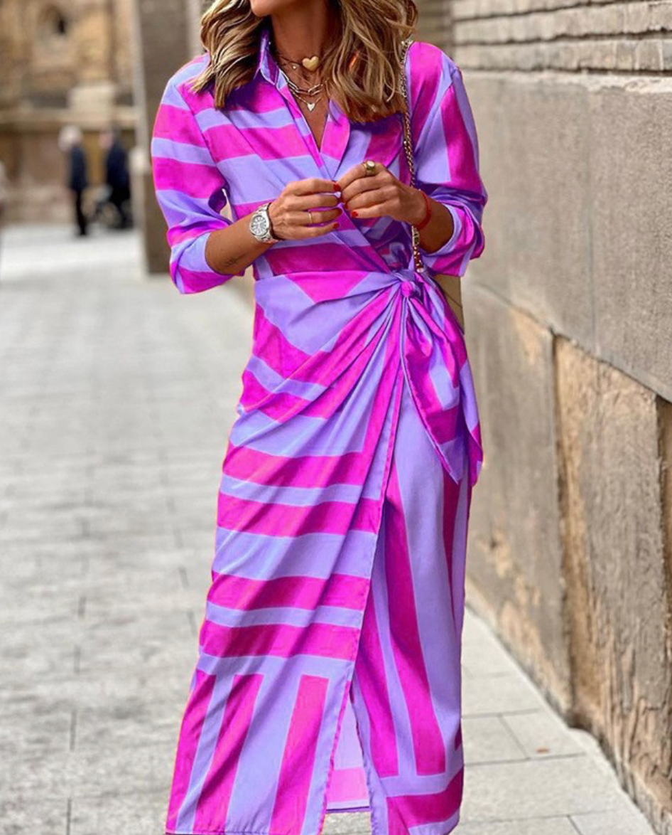 Collared Striped Twist Front Ruched Wrap Maxi Dress