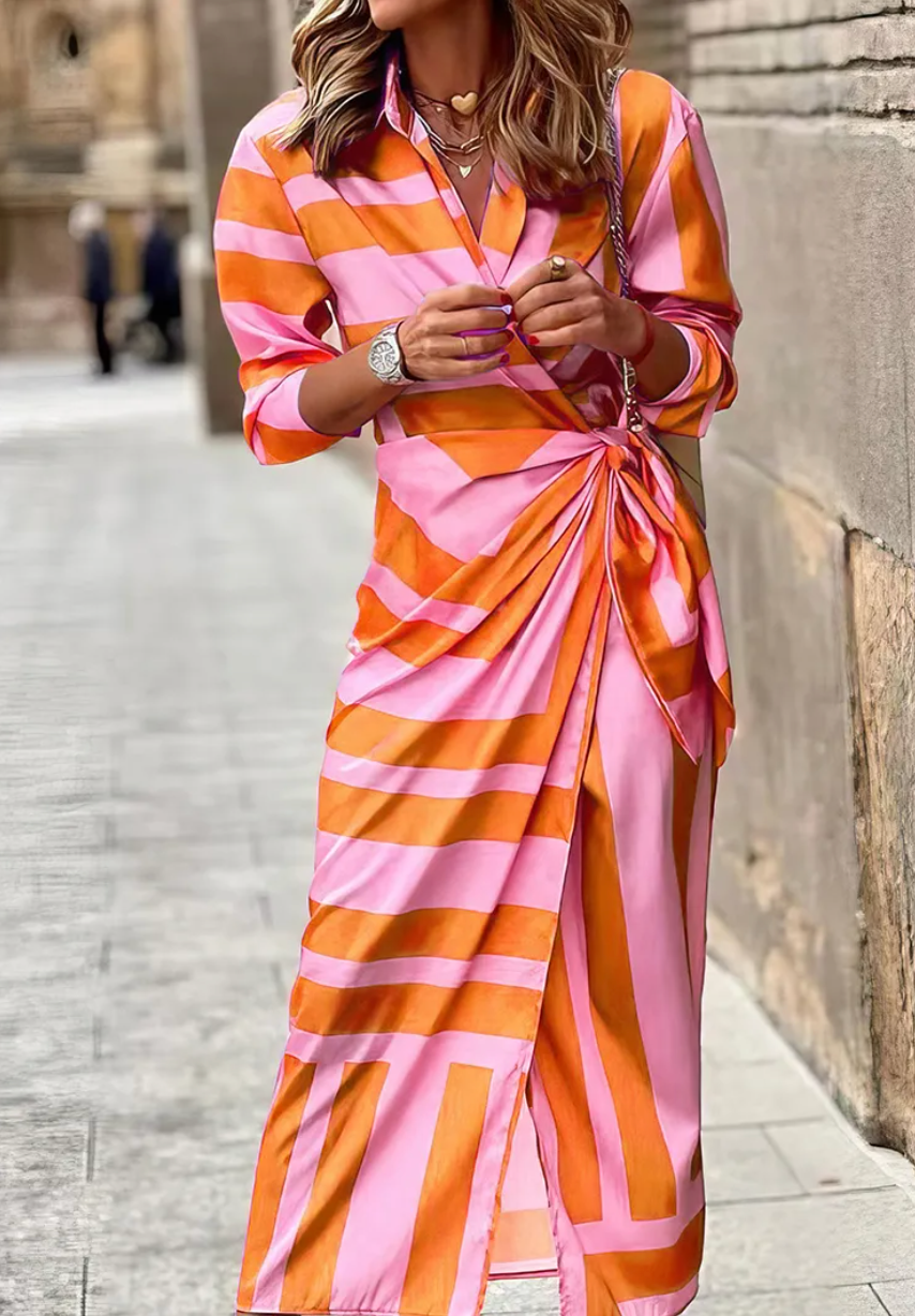 Collared Striped Twist Front Ruched Wrap Maxi Dress