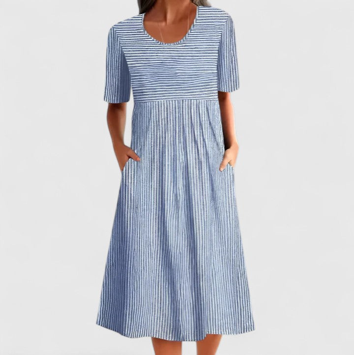 Round Neck Short Sleeve Striped Pocket Empire Waist Midi Dress
