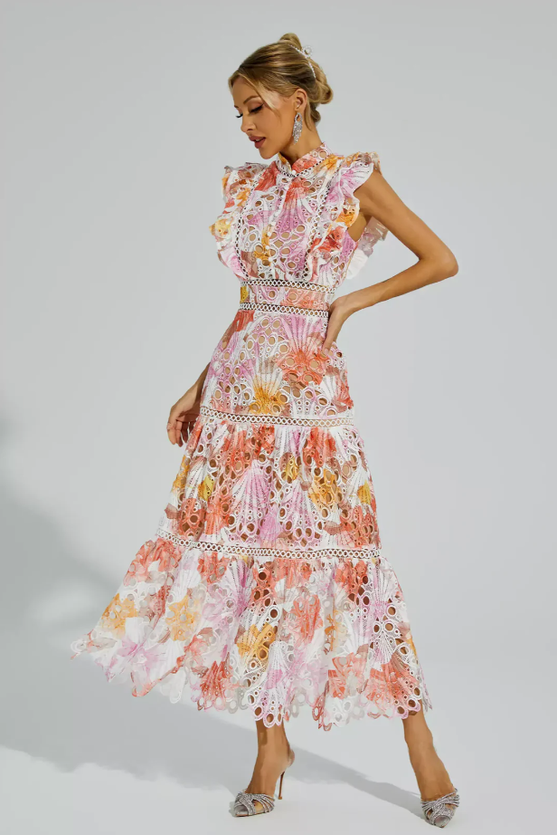Mock Neck Floral Eyelet Ruffle Sleeve Lace Trim Tiered Maxi Dress