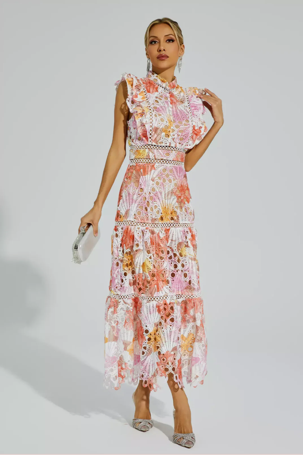 Mock Neck Floral Eyelet Ruffle Sleeve Lace Trim Tiered Maxi Dress