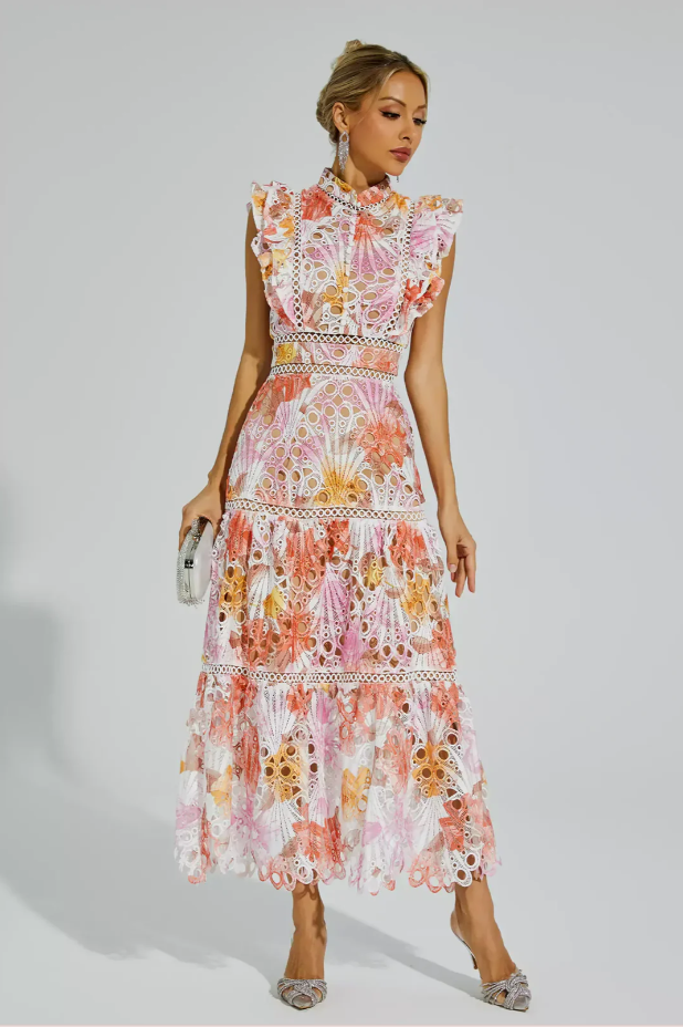 Mock Neck Floral Eyelet Ruffle Sleeve Lace Trim Tiered Maxi Dress