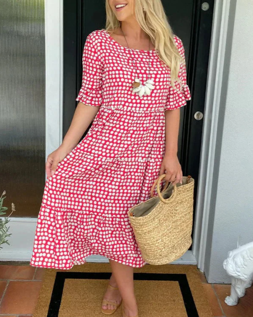 Round Neck Polka Dot Ruffle Sleeve Tiered A-Line Midi Dress