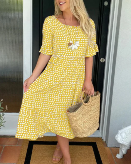 Round Neck Polka Dot Ruffle Sleeve Tiered A-Line Midi Dress