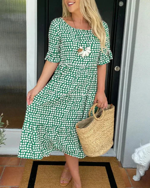 Square Neck Polka Dot Ruffle Sleeve Tiered Midi Dress 5
