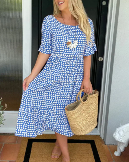 Round Neck Polka Dot Ruffle Sleeve Tiered A-Line Midi Dress