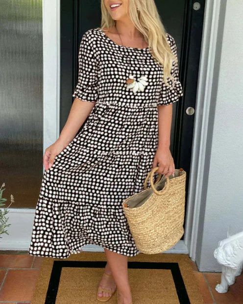 Square Neck Polka Dot Ruffle Sleeve Tiered Midi Dress 7