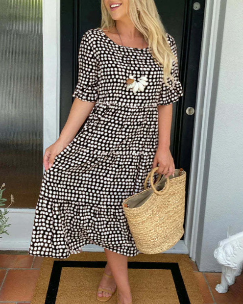Round Neck Polka Dot Ruffle Sleeve Tiered A-Line Midi Dress